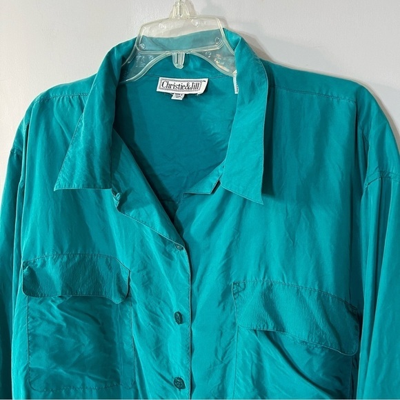 Vintage Silk Plus Size Blouse Teal Blue Button Top Career Business Office Jewel - Picture 10 of 11